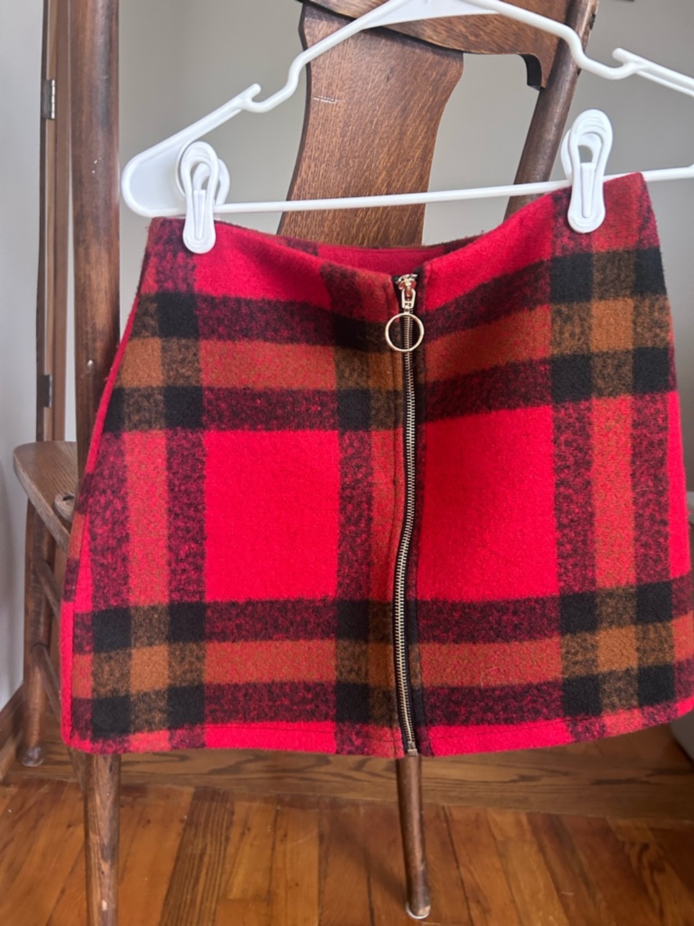 Forever 21 Red and Brown Plaid Zip-Front Mini Skirt